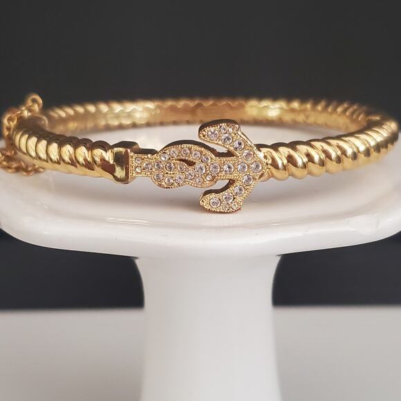 Coach Hinged Bangle with Pave Crystal Anchor Braided Gold Tone Safety Clasp - Picture 12 of 12